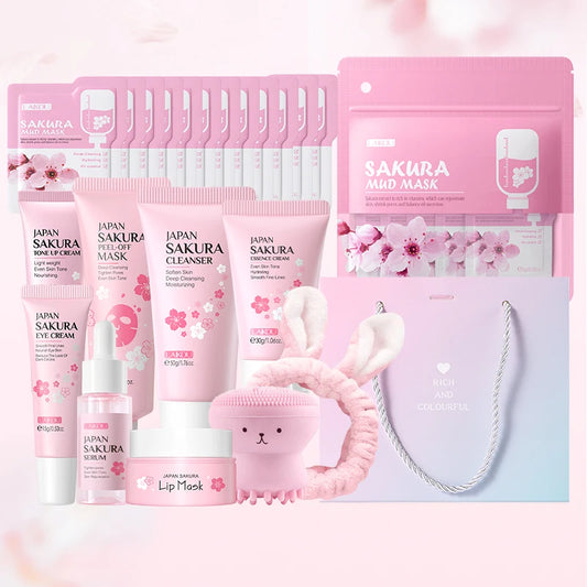 LAIKOU Japan Sakura Skincare Set Moisturizing Anti-Aging Kit Wrinkle Smoothing Radiance Boosting Facial Kit Gift Set