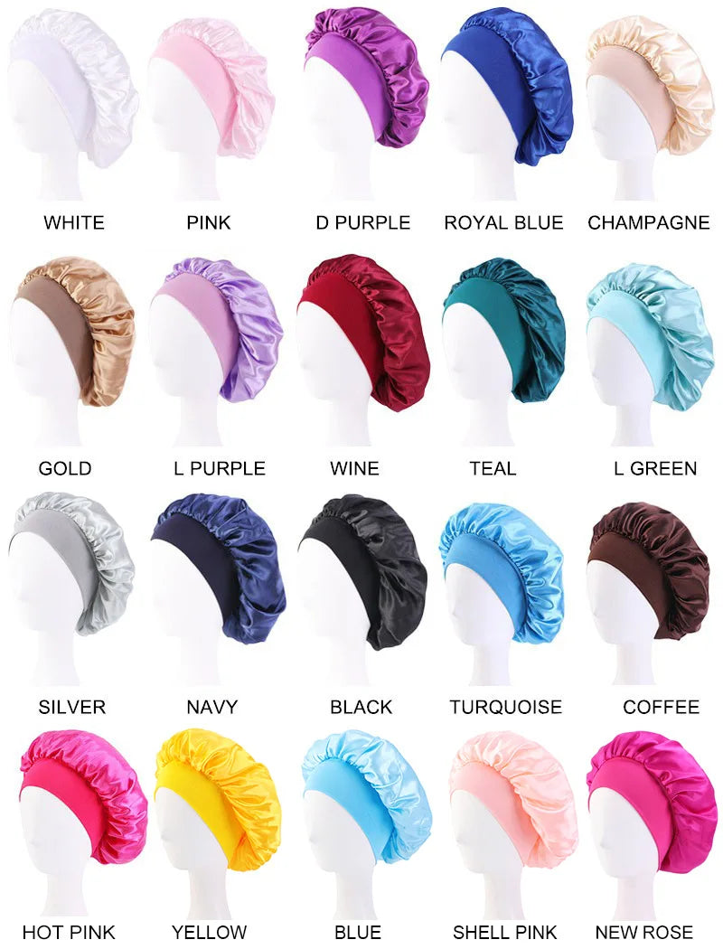 New Satin Wide Brim Nightcap Silky Bonnet Hair Wrap for Sleeping Sleep Cap With Elastic Soft Band Styling Cap Hair Wrapping Tool